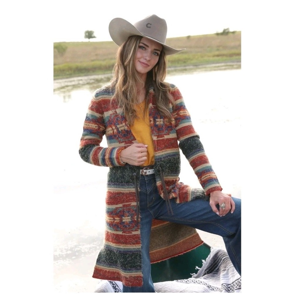 Cruel Denim Women's Long Aztec Open Front Cardigan Sweater Coat Duster Size L